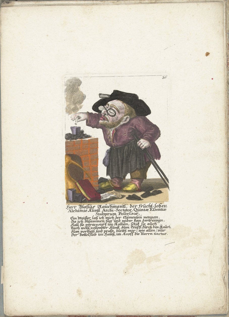 De werg Blasius Rauchmantl jako alchymista, ca. 1710 Herr Blasius Rauchmantl, der frucht-loßen Alchimie kunst Arch-Sectarian, držitel páté esence bláznů (titul na předmětu) Kabinet Il Callotto resurcitato oder Neu eingrichtes Zwerchen (série ti od Martin Engelbrecht (attributed to)