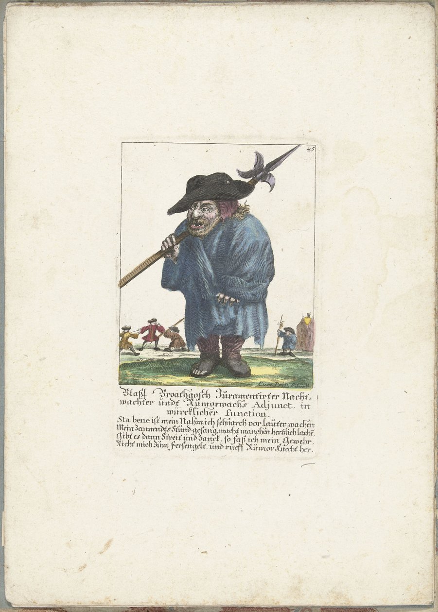 Dwerg Blassl Broatgosch, kolem roku 1710 Blassl Broatgosch Jurassic Night Watchman a Rumorwachs Adjunction, ve skutečné funkci (název na objektu) Il Callotto resurcitato aneb nově zařízený malý kabinet (název série) od Martin Engelbrecht (attributed to)