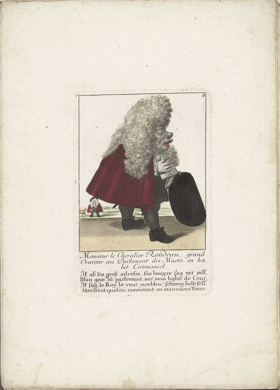 Od dwerg Chevalier Rondeau als een Parliamentslid, ca. 1710 Monsieur le Chevalier Rondeau, velký řečník v parlamentu Němců, ve slavnostních šatech (titul na předmětu) Il Callotto resurcitato oder Neu eingerichtes Zwerchen Cabinet (název série) od Martin Engelbrecht (attributed to)