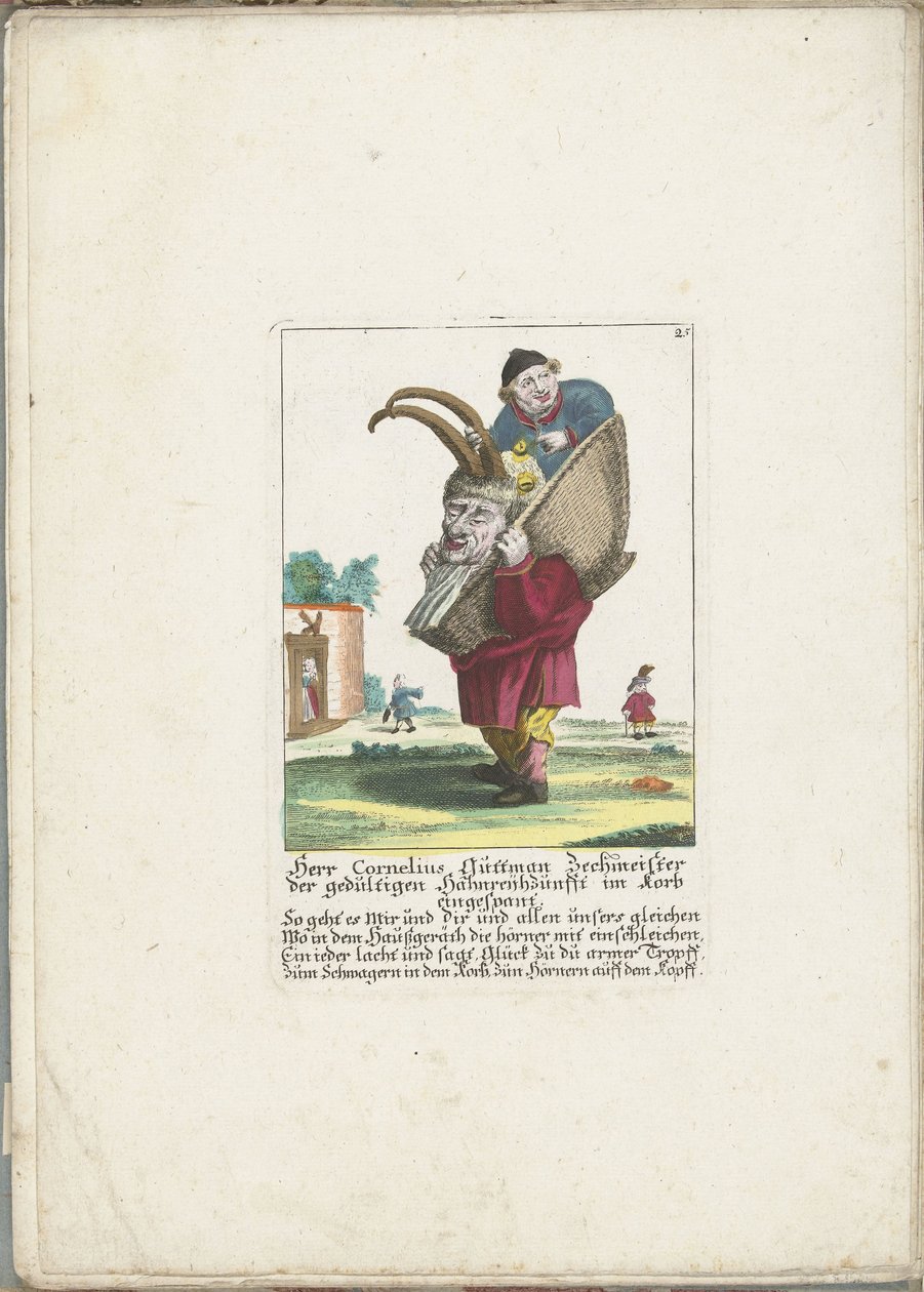 De dwerg Cornelius Guttman jako hoorndrager, asi 1710 Pan Cornelius Guttman opilec trpělivého cechu paroháčů zapřažený v koši (titul na předmětu) Il Callotto resurcitato aneb nově zařízený malý kabinet (název série) od Martin Engelbrecht (attributed to)