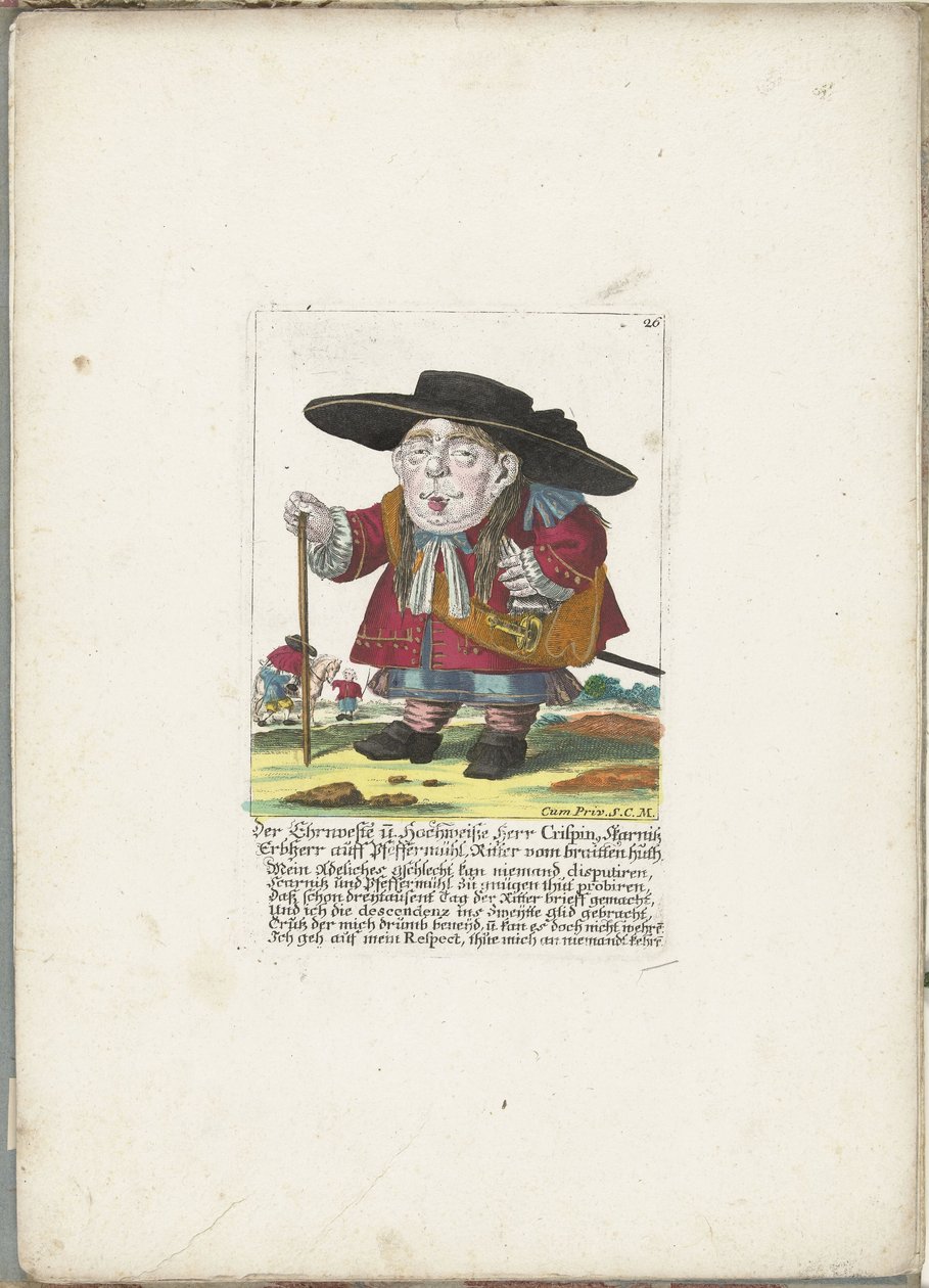 De dwerg Crispin Skarnitz, asi 1710 Ehrnveste a Hochweiße Herr Crispin, dědičný pán Skarnitz auff Pfeffermühl, rytíř braitten huth (titul na předmětu) Il Callotto resurcitato aneb nově zařízený malý kabinet (název série) od Martin Engelbrecht (attributed to)