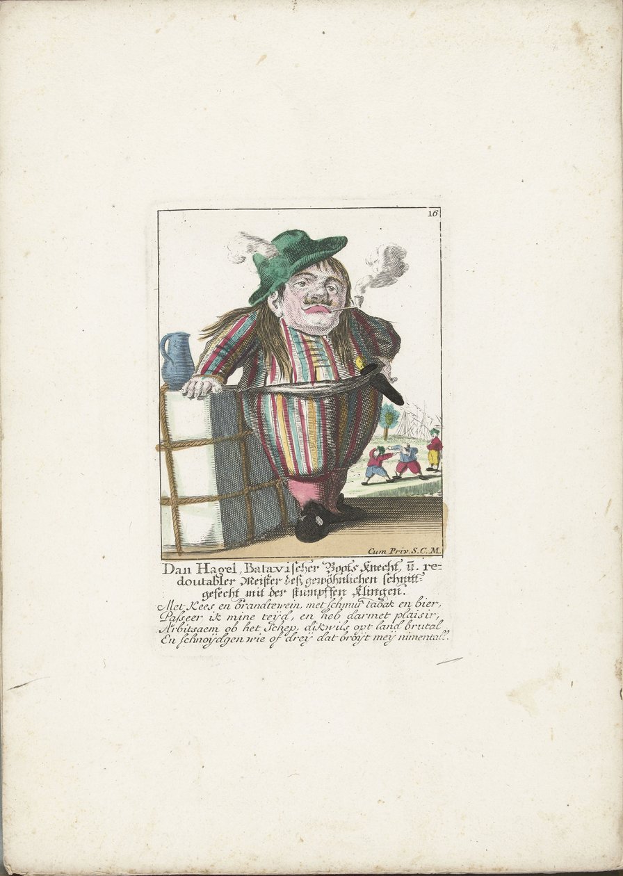 Dwerg Dan Hagel jako holandský lodník, kolem roku 1710 Dan Hagel, batávský lodník a dvojnásobný mistr obyčejného sekání tupou čepelí (titul na předmětu) Il Callotto resurcitato aneb Nově zařízená trpasličí kabina od Martin Engelbrecht (attributed to)