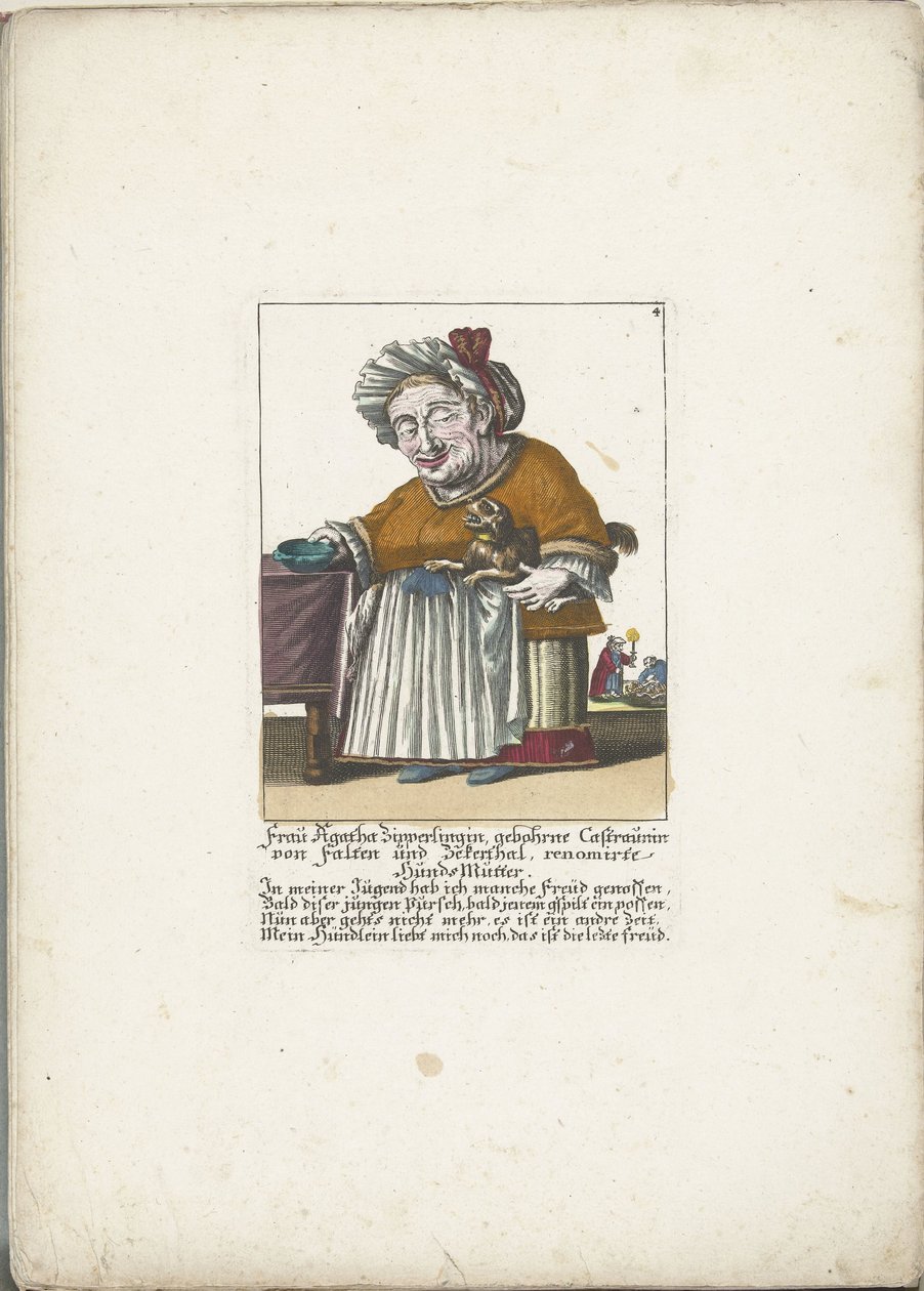 De dwerg Frau Agatha Zipperlingin met Hondje, asi 1710 Paní Agatha Zipperlingin, rozená Castaunin von Falten und Zeckerthal, známá psí matka (titul na předmětu) Il Callotto resurcitato aneb nově zařízený malý kabinet (název série) od Martin Engelbrecht (attributed to)