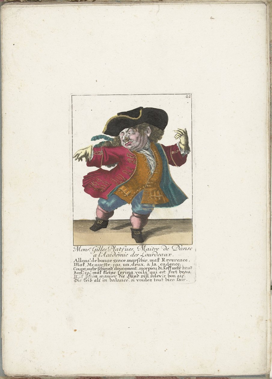 Trpaslík Gilles Platfues jako francouzský taneční mistr, ca. 1710 Předsedou se stal Mgr. Gilles Platfues, mistr tance na Academie des Lourdeaux (titul na předmětu) Il Callotto resurcitato nebo nově jmenovaný Zwerchen Cabinet (název série) od Martin Engelbrecht (attributed to)