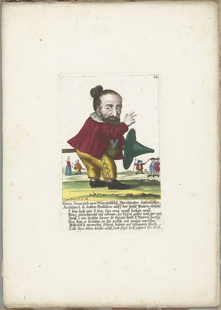 De dwerg Hans Sausakh von Wurstelfeld, asi 1710 Hans Sausakh von Wurstelfeld, slavný architekt ozubených poklopů a profesor klků na vysoké Baurnově botě (titul na předmětu) Il Callotto resurcitato aneb nově zařízený malý kabinet (název série) od Martin Engelbrecht (attributed to)