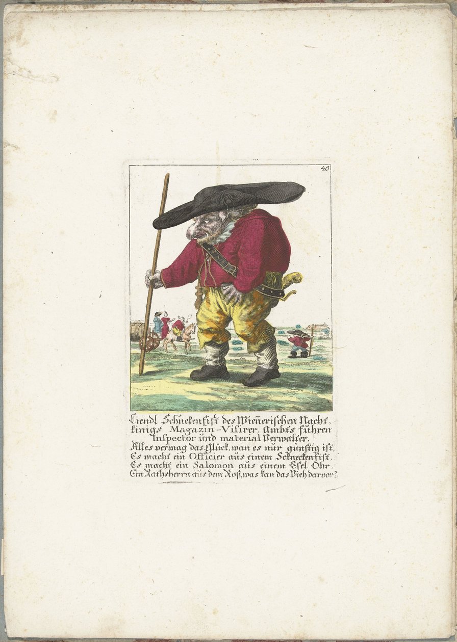 De dwerg Liendl Schnekenfist, asi 1710 Liendl Schnekenfist z Wienerisches Nacht-Kings Magazin-Visirer, Ambts řídil inspektor a správce materiálu (titul na objektu) Il Callotto resurcitato aneb nově zařízený malý kabinet (název série) od Martin Engelbrecht (attributed to)