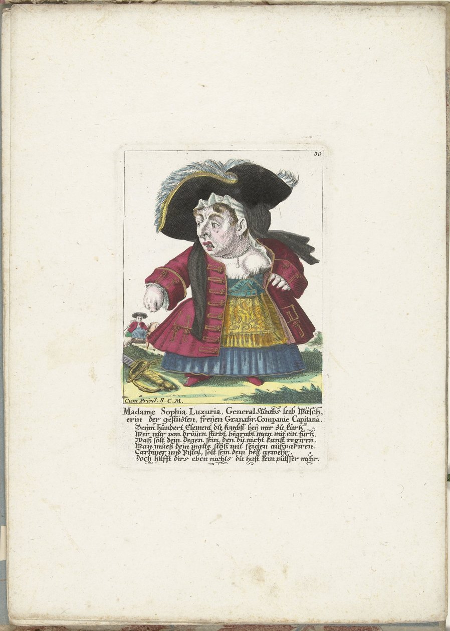 De dwerg Madame Sophia Luxuria, asi 1710 Madame Sophia Luxuria, pračka těl generála Staaba z upravené, volné Granatir-Companie Capitana (titul na předmětu) Il Callotto resurcitato aneb nově zařízený malý kabinet (název série) od Martin Engelbrecht (attributed to)