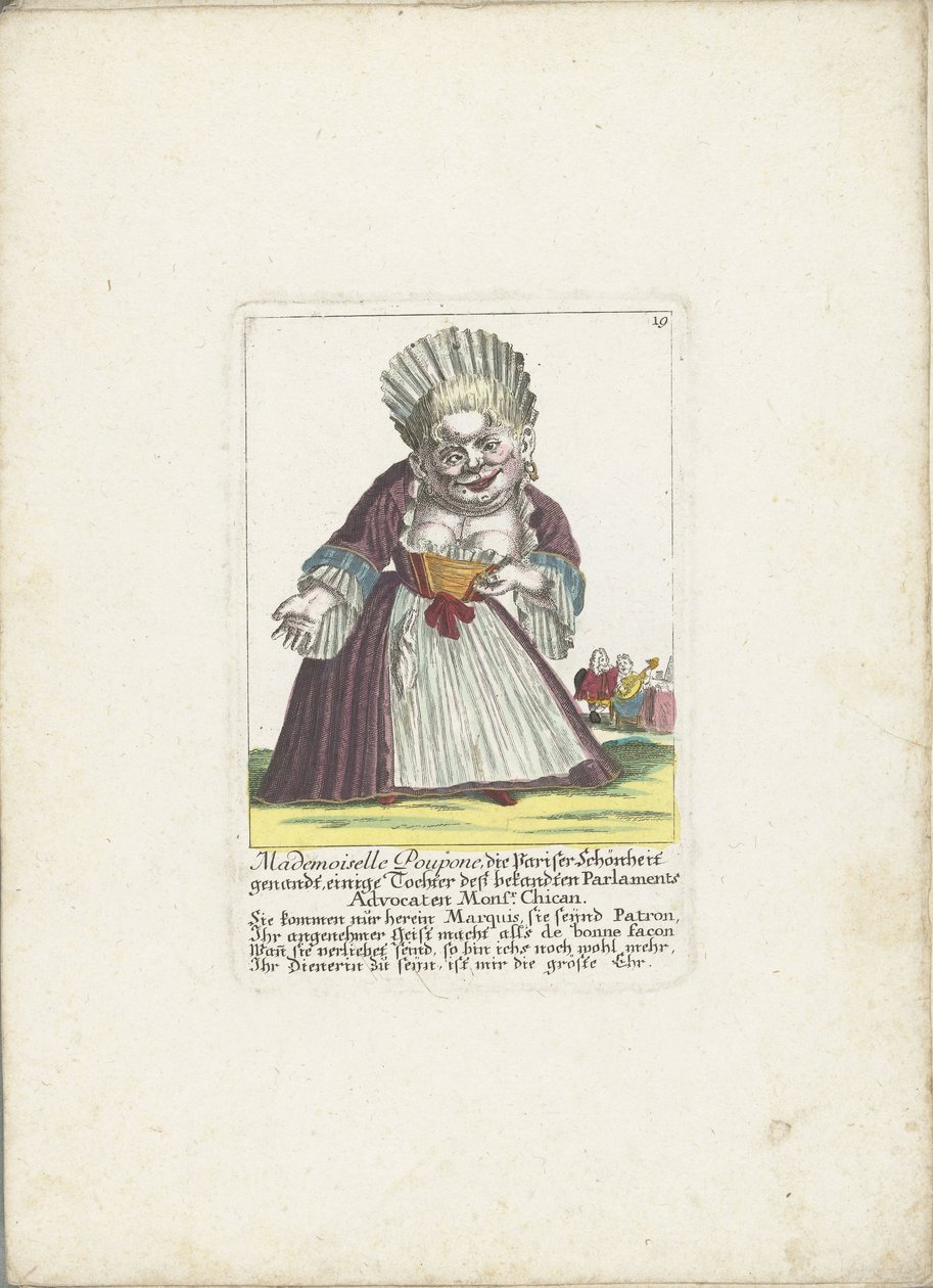 De dwerg Mademoiselle Poupon, as Parijse Schone, asi 1710 Mademoiselle Poupone, pařížská kráska, nějaká dcera známého advokáta parlamentu Monsr. Chican (titul na předmětu) Il Callotto resurcitato nebo nově zařízená kabina Zwerchen od Martin Engelbrecht (attributed to)