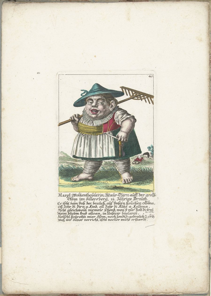 Trpaslík Margl Woltzenthoulerin, cca. 1710 Margl Woltzenthoulerin, Mayr-Thirn auff der grossn Olbm im Zillersberg, 12. Jährige Brauth (titul na předmětu) Il Callotto resurcitato nebo nově jmenovaný Zwerchen Cabinet (název série) od Martin Engelbrecht (attributed to)