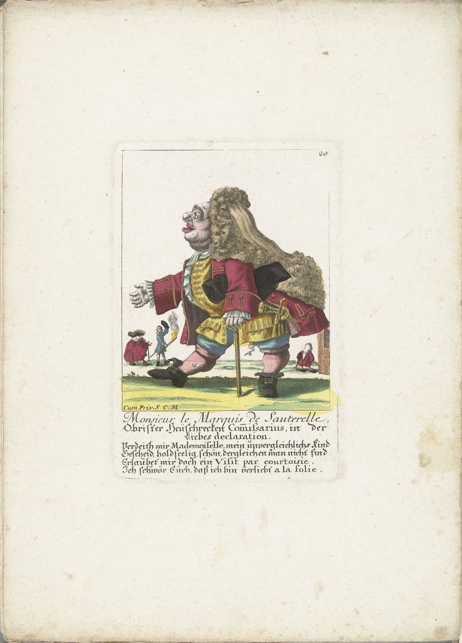 Trpaslík Monsieur le Marquis de Sauterelle, ca. 1710 Monsieur le Marquis de Sauterelle, Obrister Heüschrecken Commissarius, v prohlášení der Liebes (titul na předmětu) Il Callotto resurcitato nebo nově jmenovaný Zwerchen Cabinet (název série) od Martin Engelbrecht (attributed to)