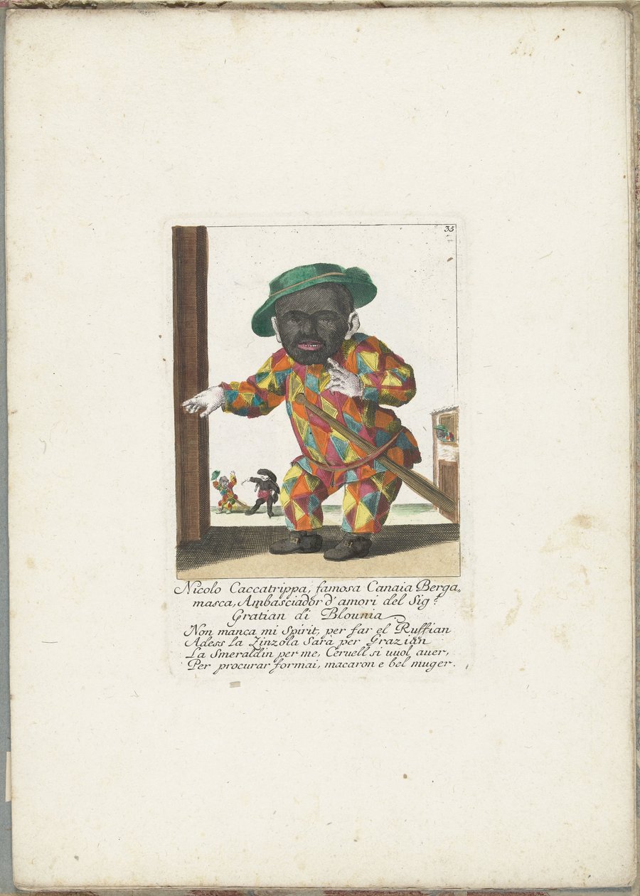 De dwerg Nicolo Caccatrippa als harlekijn, ca. 1710 Nicolo Caccatrippa, slavný Canaia Bergamasca, Ambasciador d