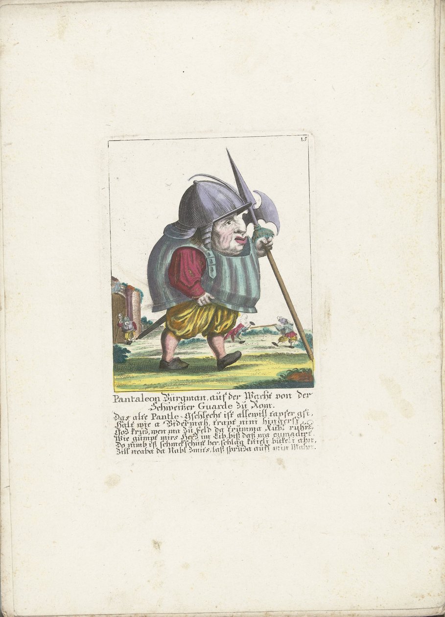 Dwerg Pantaleon Bürgman van de Zwitserse Garde te Rome, asi 1710 Pantaleon Bürgman, ve strážní službě od Švýcarské gardy v Římě (titul na předmětu) Il Callotto resurcitato aneb nově zařízený malý kabinet (název série) od Martin Engelbrecht (attributed to)