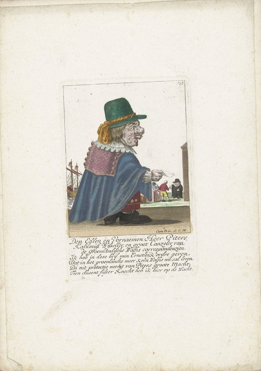 Trpaslík Piters Kahlmüß Wisseller jako velrybář, kolem roku 1710 Den Edlen a Vornaemen Heer Piters Kahlmüß Wisseller a Groot Canzeler z korespondence Greenlandische Walfis (název na předmětu) Il Callotto resurcitato oder Neu eingerichts Zwerchen C od Martin Engelbrecht (attributed to)