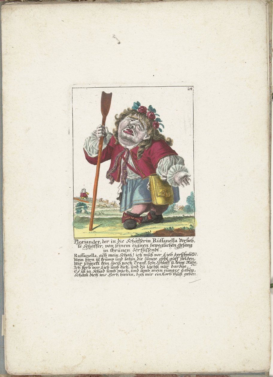 De dwerg Ploriander jako pastevec, asi 1710 Ploriander, pastýř zamilovaný do pastýřky Ruffanely, propukl v pláč při své vlastní dojemné písni (název na předmětu) Il Callotto resurcitato aneb Nově zařízený malý kabinet (série od Martin Engelbrecht (attributed to)