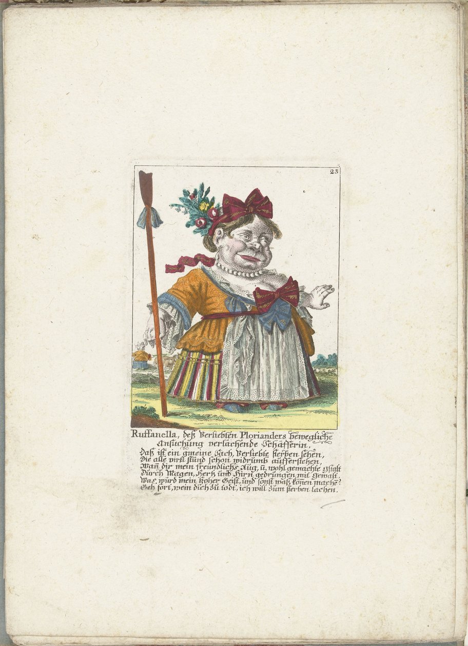 De dwerg Ruffanella jako pastýřka, asi 1710 Ruffanella, pastýřka směje se Plorianderově dojemné žádosti (název na předmětu) Il Callotto resurcitato aneb nově zařízený malý kabinet (název série) od Martin Engelbrecht (attributed to)