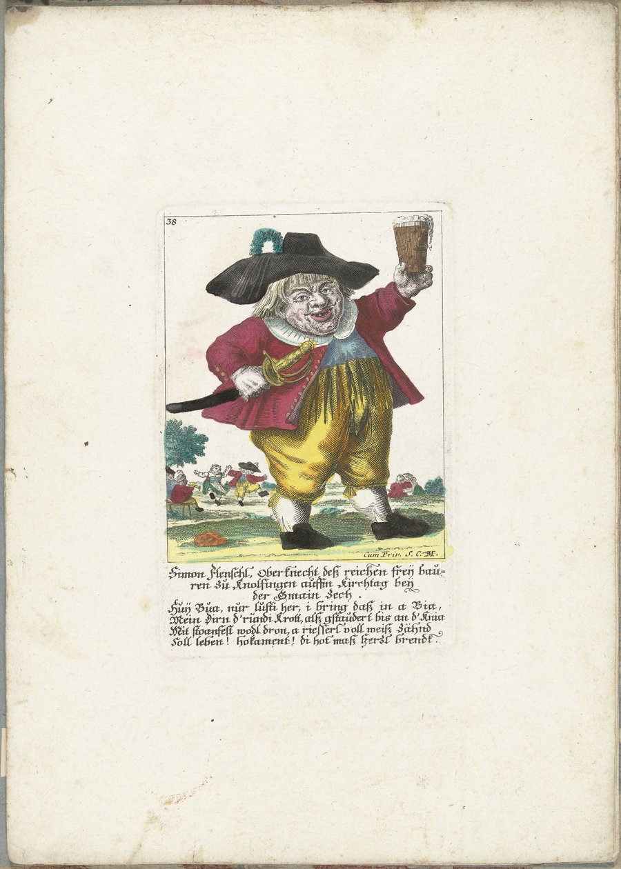 Dwerg Simon Flenschl, asi 1710 Simon Flenschl, předák bohatých freijských farmářů v Knolsingenu na Kirchtag poblíž Gmain Zech (název na předmětu) Il Callotto resurcitato aneb nově zařízený malý kabinet (název série) od Martin Engelbrecht (attributed to)
