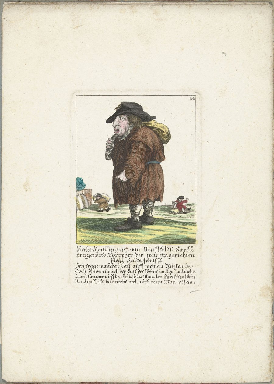 Dwerg Veith Knollinger od Pinklfeldta, asi 1710 Veith Knollinger von Pinklfeldt, Baghtrager a předchůdce nově založeného bratrstva fleglů (název na předmětu) Il Callotto resurcitato aneb nově zařízený malý kabinet (název série) od Martin Engelbrecht (attributed to)