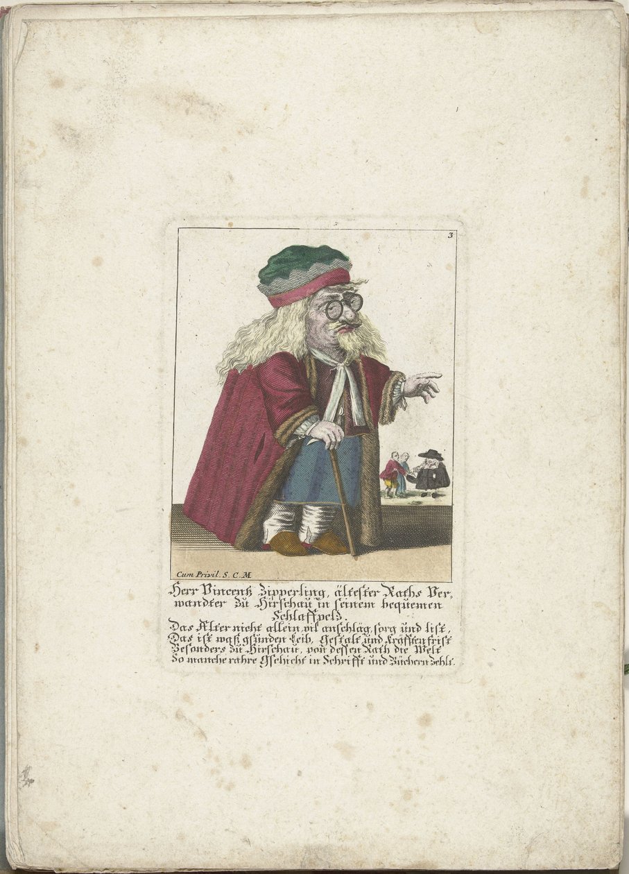Dwerg Vincentz Zipperling v een bontjas, asi 1710 Herr Vincentz Zipperling, Rathův nejstarší příbuzný v Hirschau, ve svém pohodlném volném kabátě (titul na předmětu) Il Callotto resurcitato aneb nově zařízený malý kabinet (název série) od Martin Engelbrecht (attributed to)