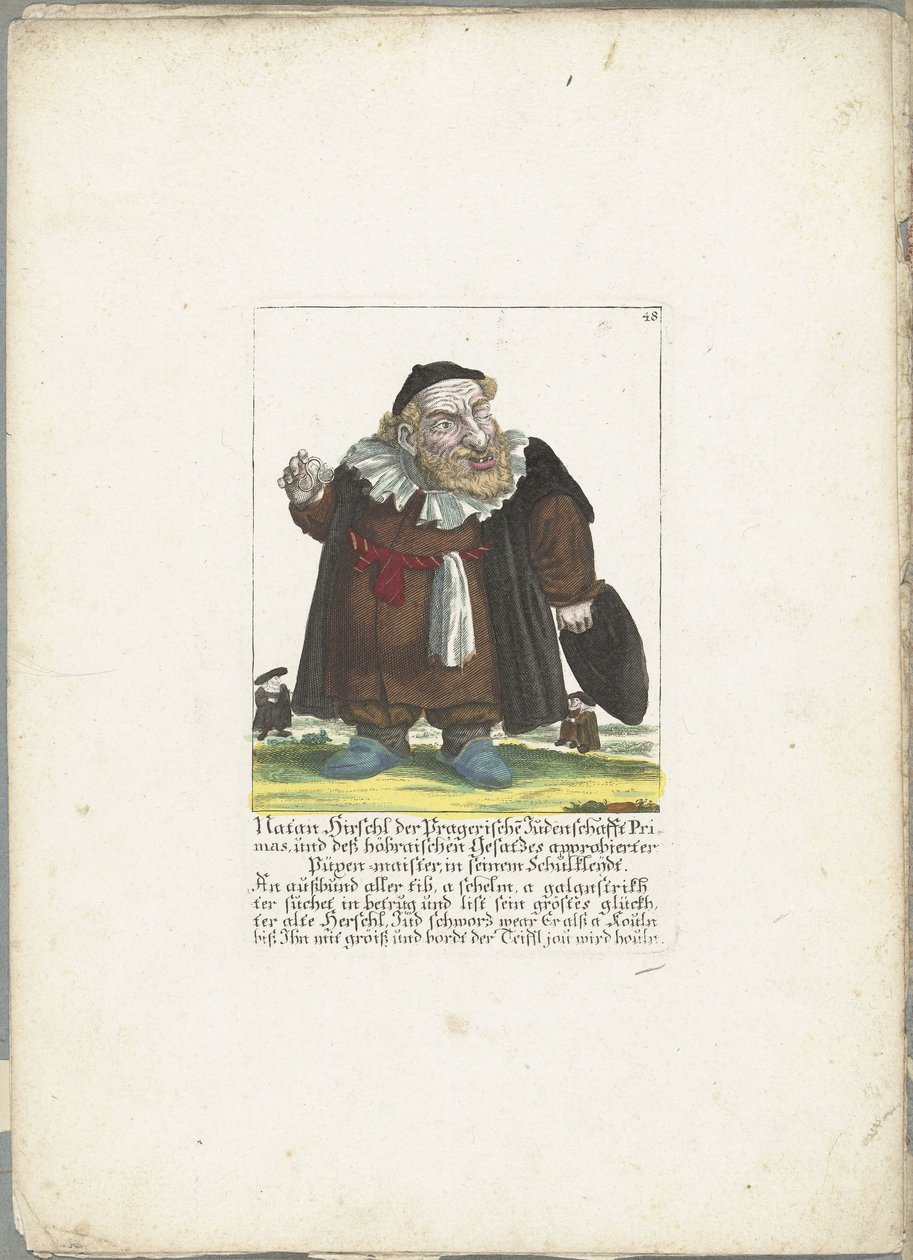 De joodse dwerg Natan Hirschl, asi 1710 Natan Hirschl, primas pražského židovstva, a Püpen-maister schválený hoebraickým zákonem, ve školním oděvu (titul na předmětu) Il Callotto resurcitato nebo Nově zařízený Zwerchen Cabinet (se od Martin Engelbrecht (attributed to)