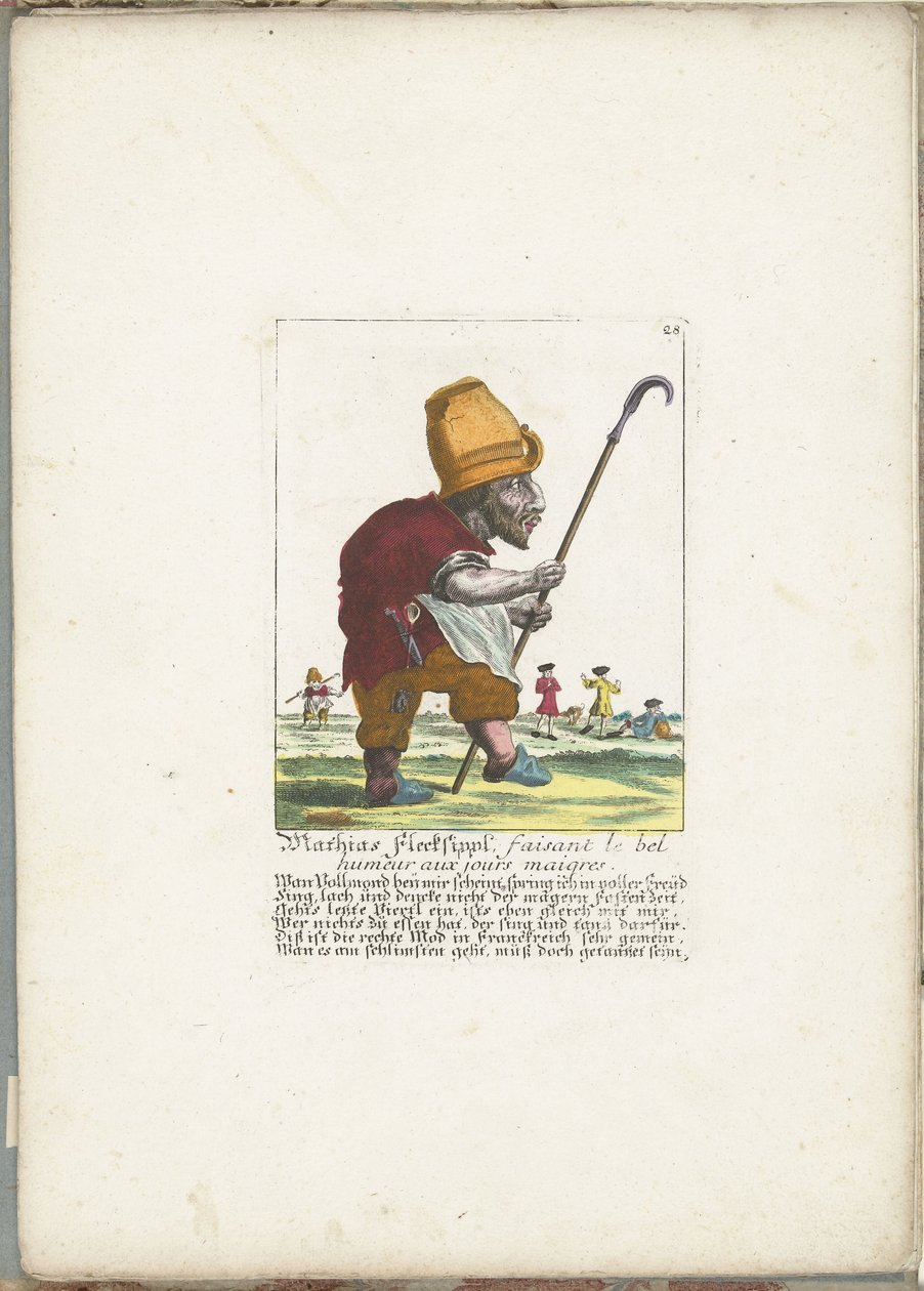 Veselý trpaslík Mathias Flecksippl, cca. 1710 Mathias Flecksippl, faisant le bel humeur aux jours maigres (titul na objektu) Il Callotto resurcitato nebo nově jmenovaný Zwerchen Cabinet (název série) od Martin Engelbrecht (attributed to)