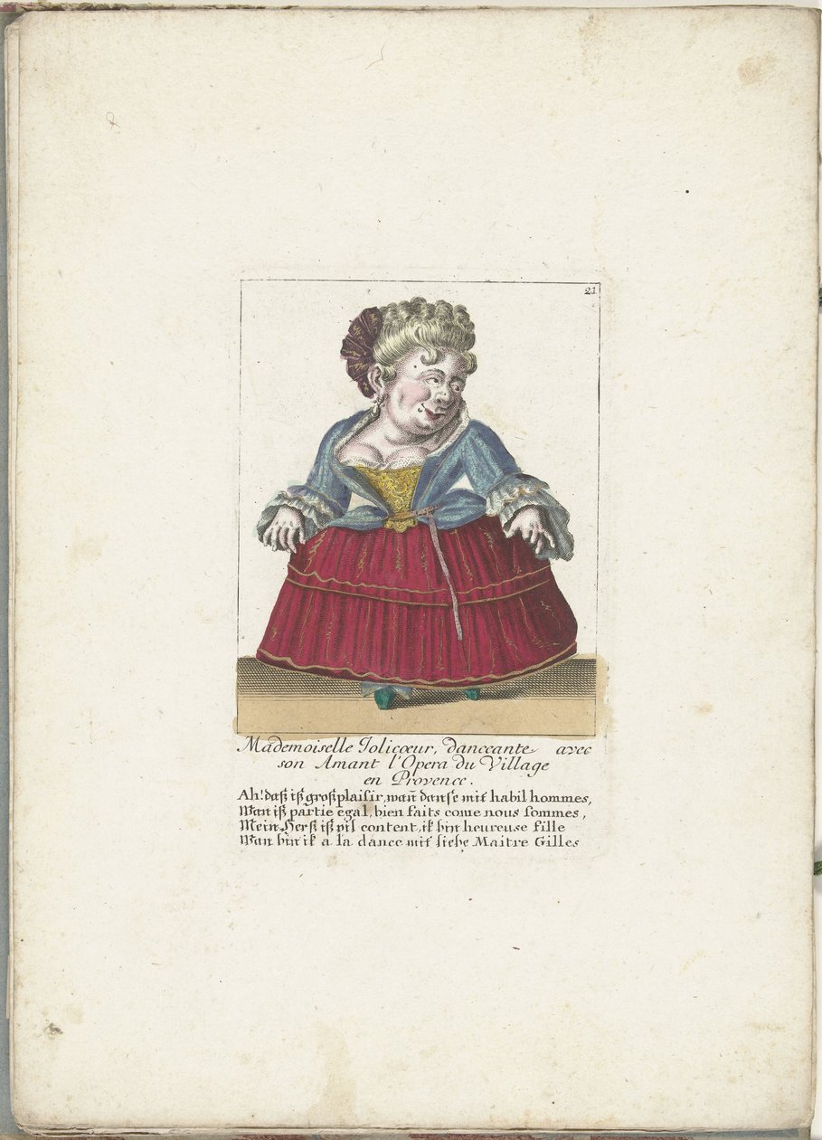 Dwerg als de Franse Mademoiselle Jolicoeur, ca. 1710 Mademoiselle Jolicoeur, tanečnice se svým milencem v Opeře du Village v Provence (název na objektu) Il Callotto resurcitato oder Neu eingerichtes Zwerchen Cabinet (název série) od Martin Engelbrecht (attributed to)