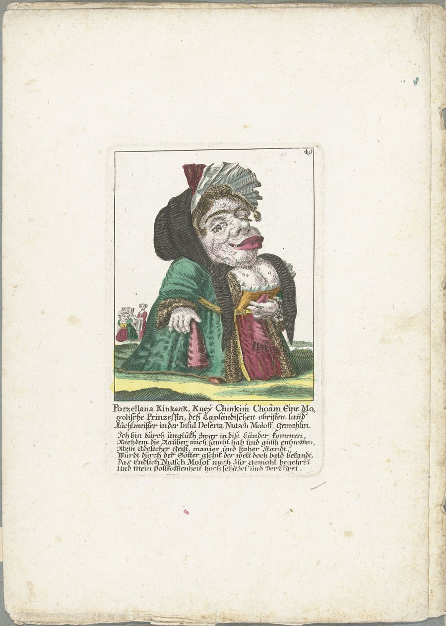 Karikatura Porzellana Kinkank Porzellana Kinkank, Kuey Chinkim Choâm Mogolská princezna, Laponci vlastnili půdu Kuchlmeister na ostrově Deserta Nutsch Moloff, manželka (titul na předmětu) Il Callotto resurcitato nebo Refurnished od Martin Engelbrecht (attributed to)