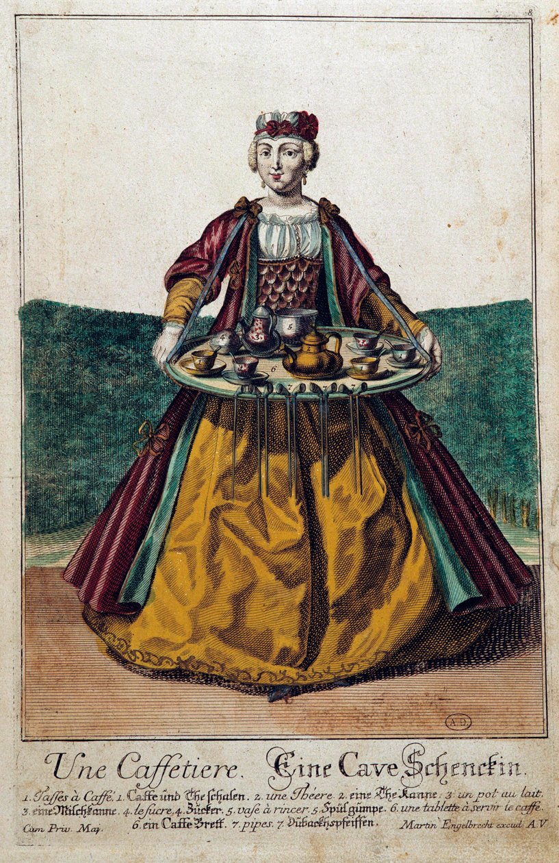Kávovar: mladá žena nesoucí tác nabitý kávovým servisem. Rytina Martina Engelbrechta (1684-1756) 18. století. Paříž, dekorativní umění od Martin Engelbrecht