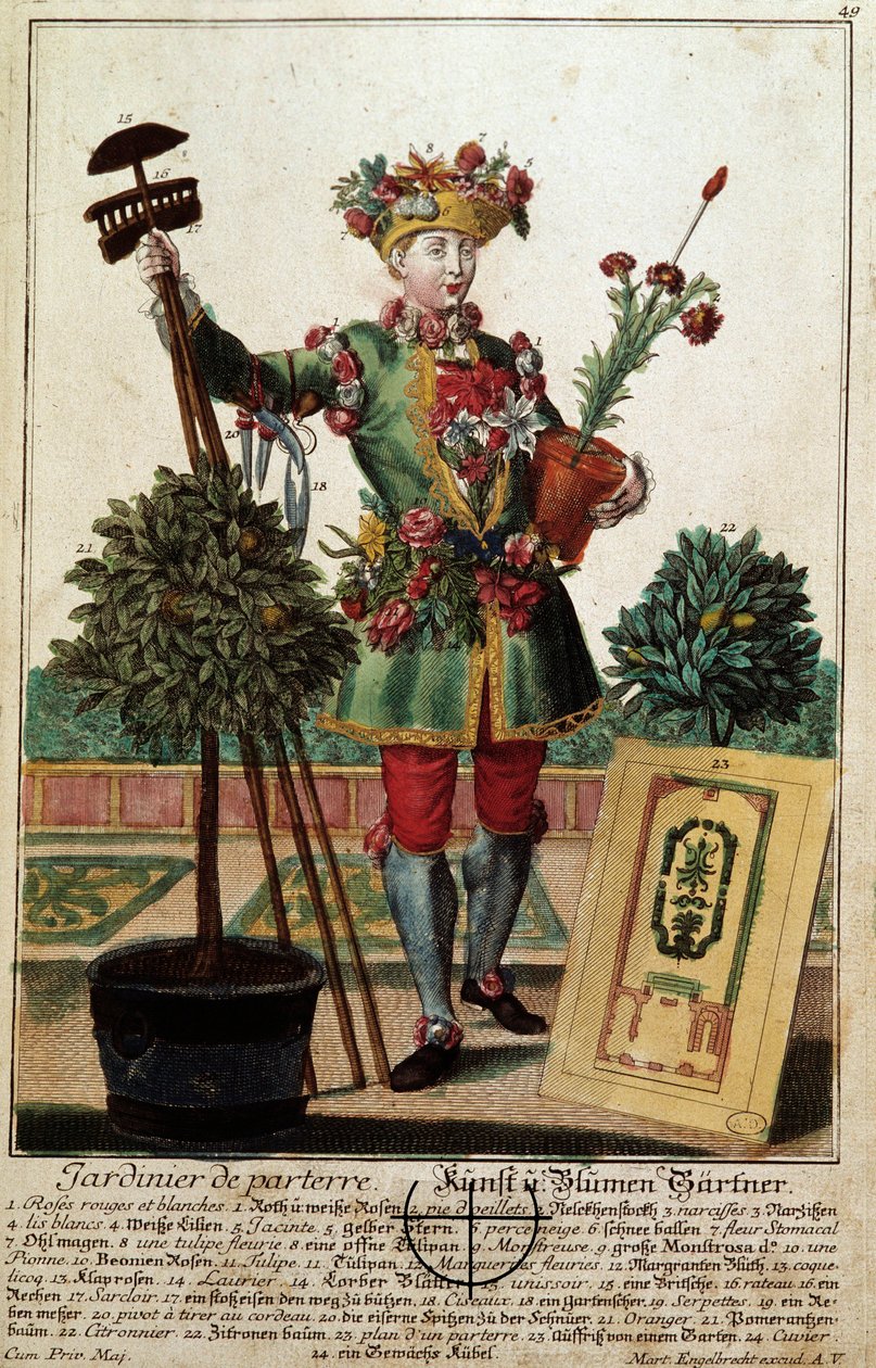 Zahradník. Rytina Martina Engelbrechta (1684-1756), v „“New Assembly of the manouvries habilles”” 18. století, Německo. Paříž, dekorativní umění od Martin Engelbrecht
