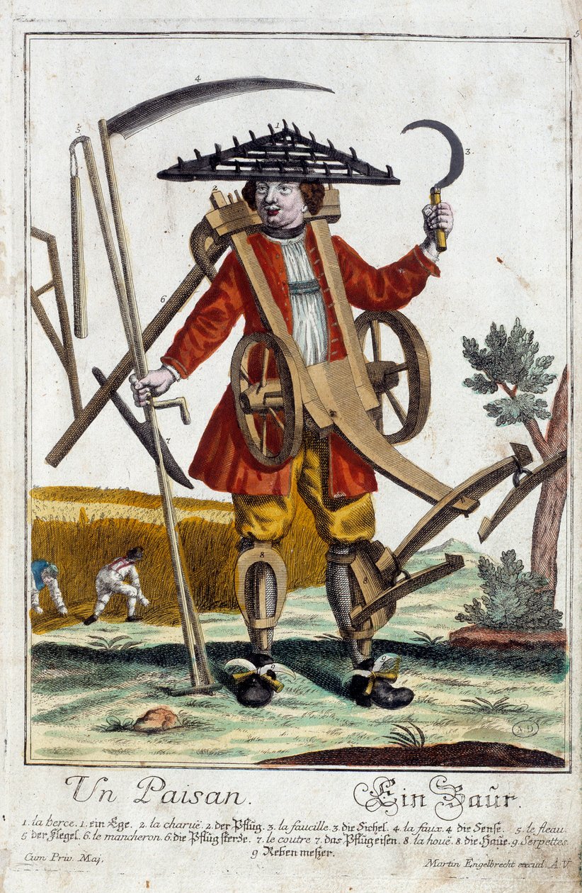Sedlák. Rytina Martina Engelbrechta (1684-1756), v „“New Assembly of the manouvries habilles”” 18. století, Německo. Paříž, dekorativní umění od Martin Engelbrecht