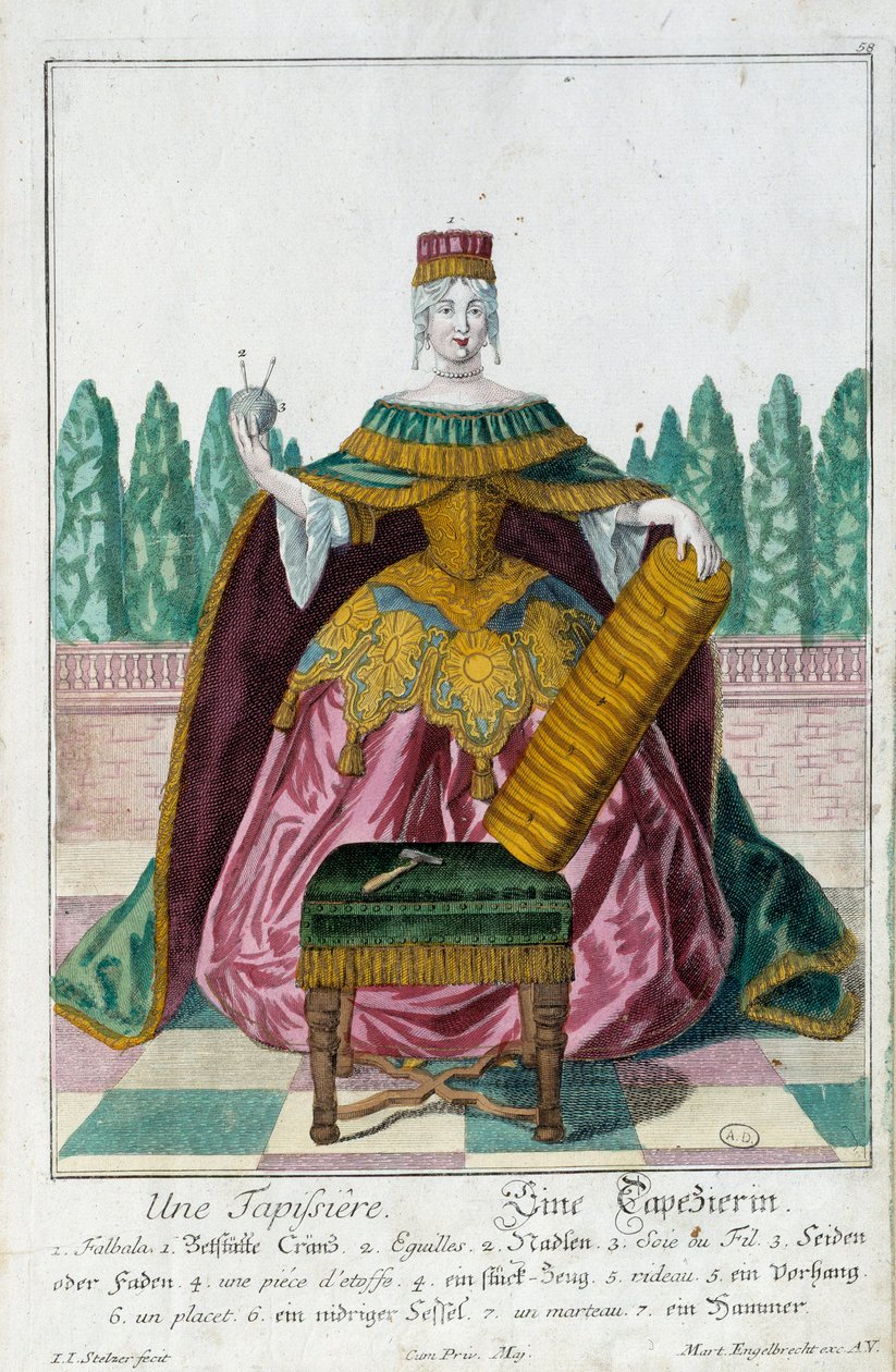 Čalounění. Rytina Martina Engelbrechta (1684-1756), v „“New Assembly of the manouvries habilles”” 18. století, Německo. Paříž, dekorativní umění od Martin Engelbrecht