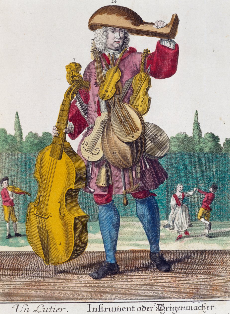 Loutnista, rytina z Assemblage des nouveau manouvries habilles od Martina Engelbrechta (1684-1756), Německo od Martin Engelbrecht