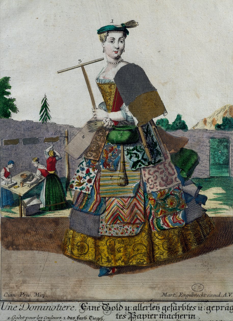 Výrobce barevných papírů, rytina z Assemblage des nouveau manouvries habilles Martin Engelbrecht (1684-1756), Německo od Martin Engelbrecht