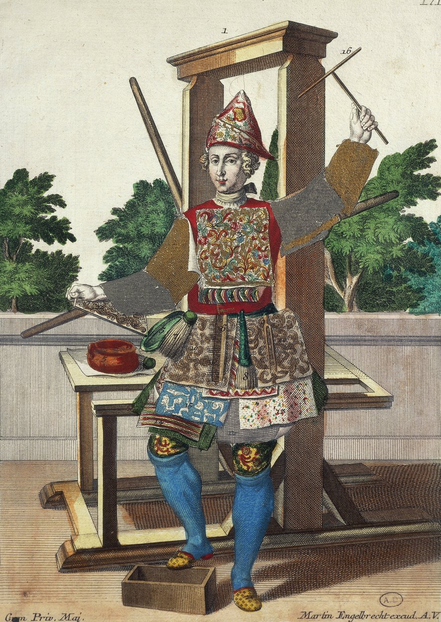 Výrobce barevných papírů, rytina z Assemblage des nouveau manouvries habilles Martin Engelbrecht (1684-1756), Německo od Martin Engelbrecht