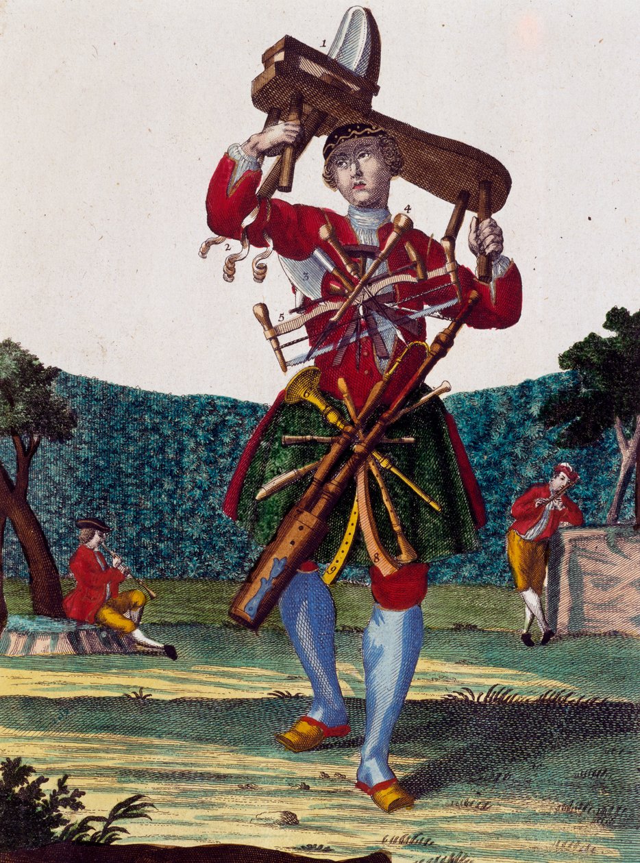 Výrobce fléten, rytina z Assemblage des nouveau manouvries habilles od Martina Engelbrechta (1684-1756), Německo od Martin Engelbrecht