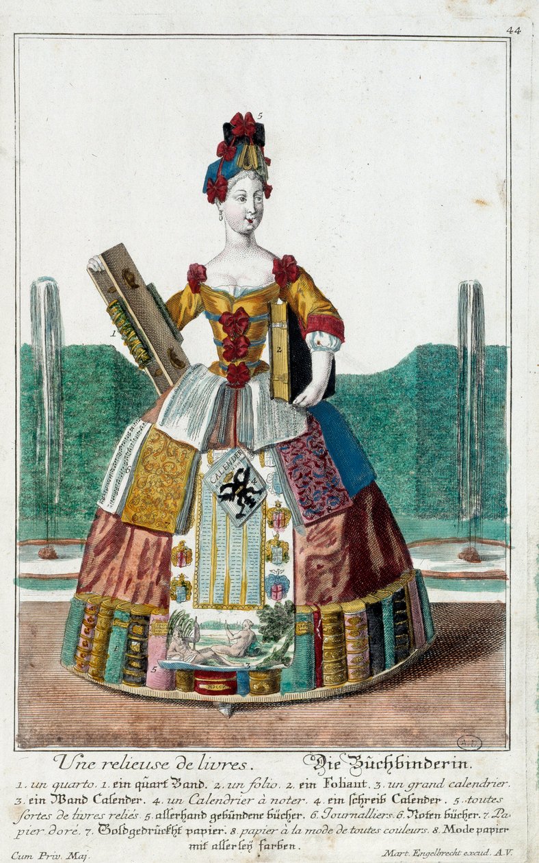 Metier: Knihař. Rytina Martina Engelbrechta (1684-1756), v „“New Assembly of the manouvries habilles”” 18. století, Německo. Paříž, dekorativní umění od Martin Engelbrecht