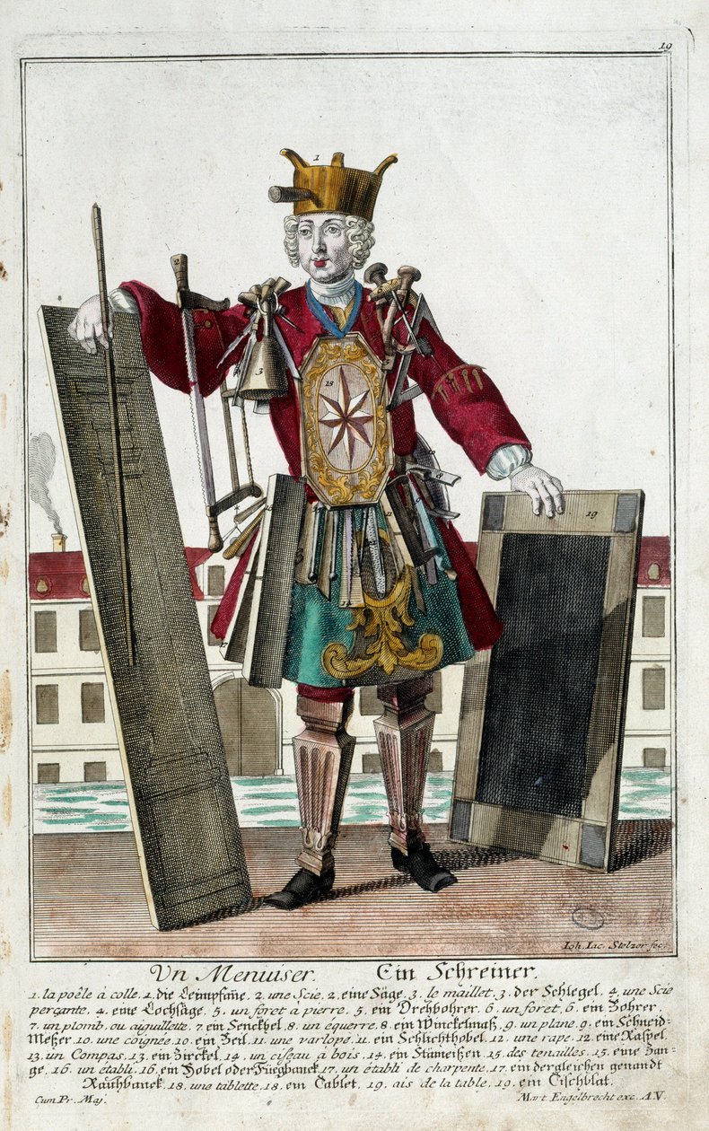 Metier: Tesař. Rytina Martina Engelbrechta (1684-1756), v „“New Assembly of the manouvries habilles”” 18. století, Německo. Paříž, dekorativní umění od Martin Engelbrecht