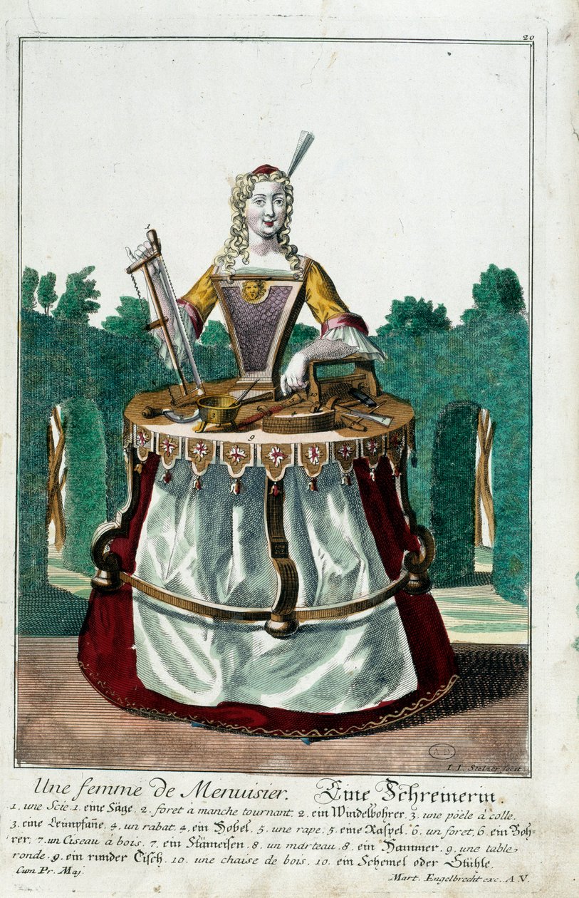 Metier: Žena tesaře. Rytina Martina Engelbrechta (1684-1756), v „“New Assembly of the manouvries habilles”” 18. století, Německo. Paříž, dekorativní umění od Martin Engelbrecht