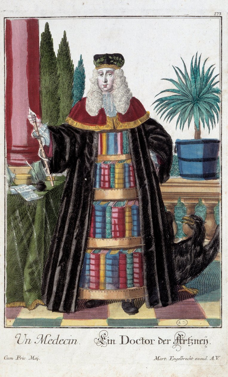 Metier: Lékař. Rytina Martina Engelbrechta (1684-1756), v „“New Assembly of the manouvries habilles”” 18. století, Německo. Paříž, dekorativní umění od Martin Engelbrecht