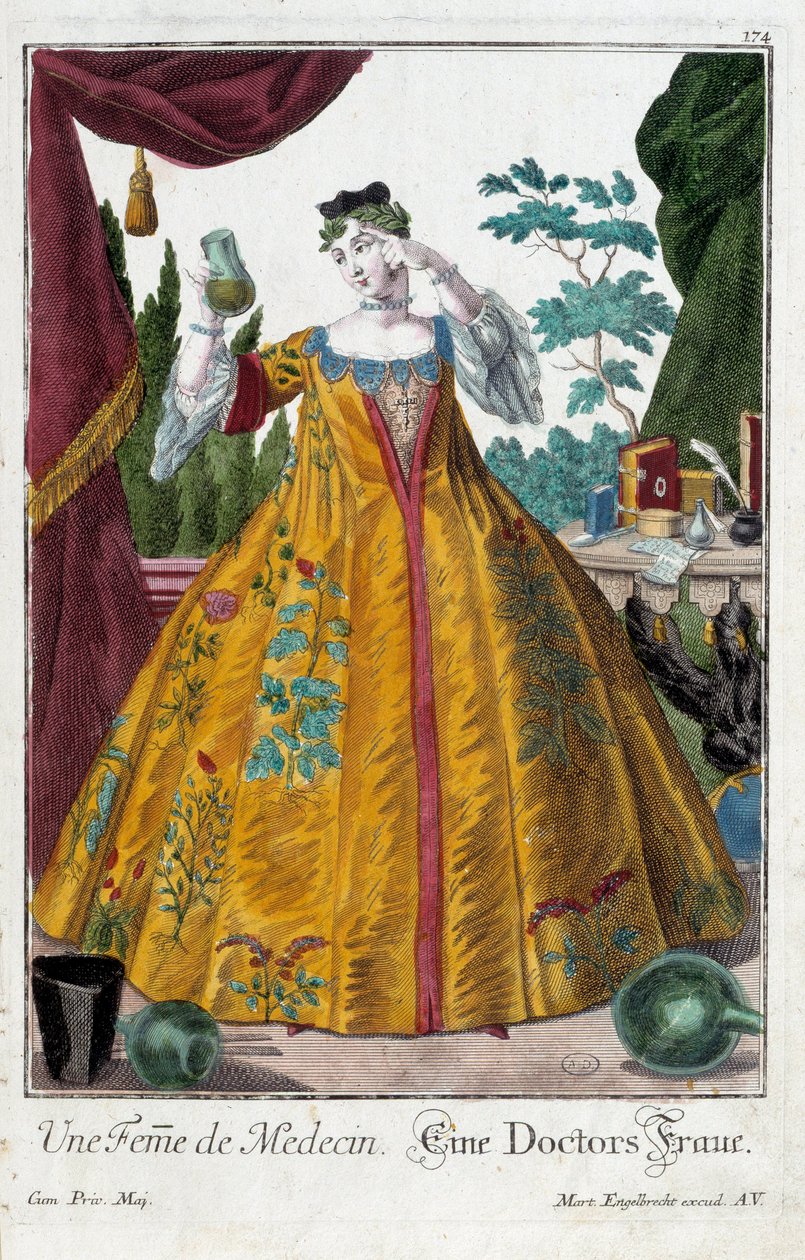 Metier: Manželka lékaře. Rytina Martina Engelbrechta (1684-1756), v „“New Assembly of the manouvries habilles”” 18. století, Německo. Paříž, dekorativní umění od Martin Engelbrecht