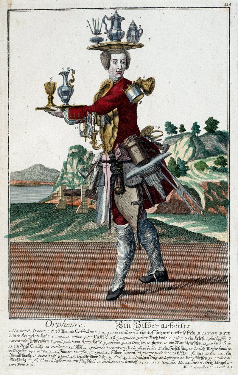Metier: Zlatá rybka. Rytina Martina Engelbrechta (1684-1756), v „“New Assembly of the manouvries habilles”” 18. století, Německo. Paříž, dekorativní umění od Martin Engelbrecht