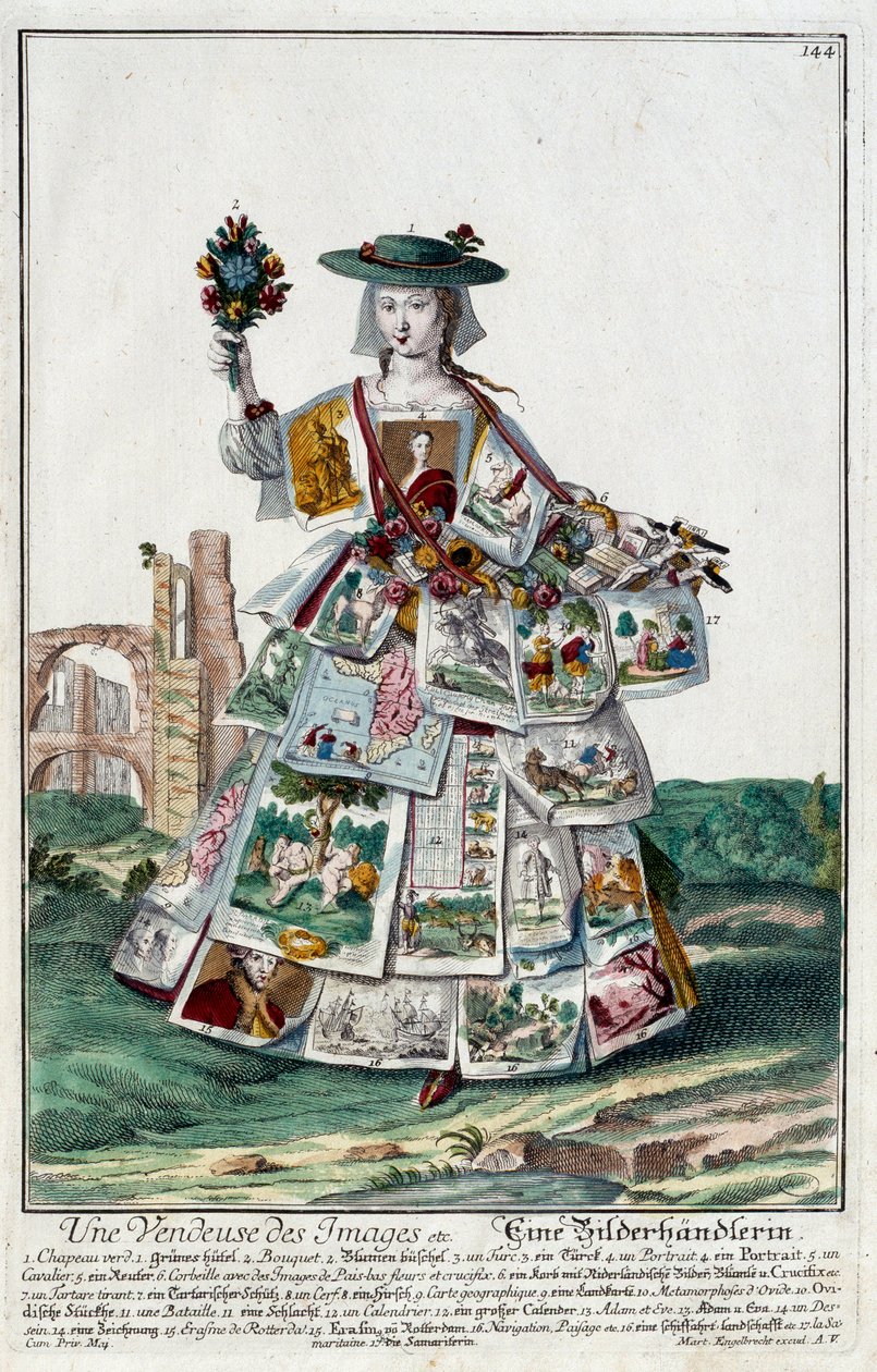 Metier: Prodavačka obrázků. Rytina Martina Engelbrechta (1684-1756), v „“New Assembly of the manouvries habilles”” 18. století, Německo. Paříž, dekorativní umění od Martin Engelbrecht