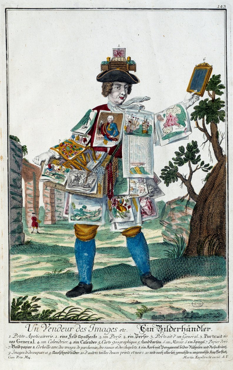 Metier: Prodejce obrázků. Rytina Martina Engelbrechta (1684-1756), v „“New Assembly of the manouvries habilles”” 18. století, Německo. Paříž, dekorativní umění od Martin Engelbrecht