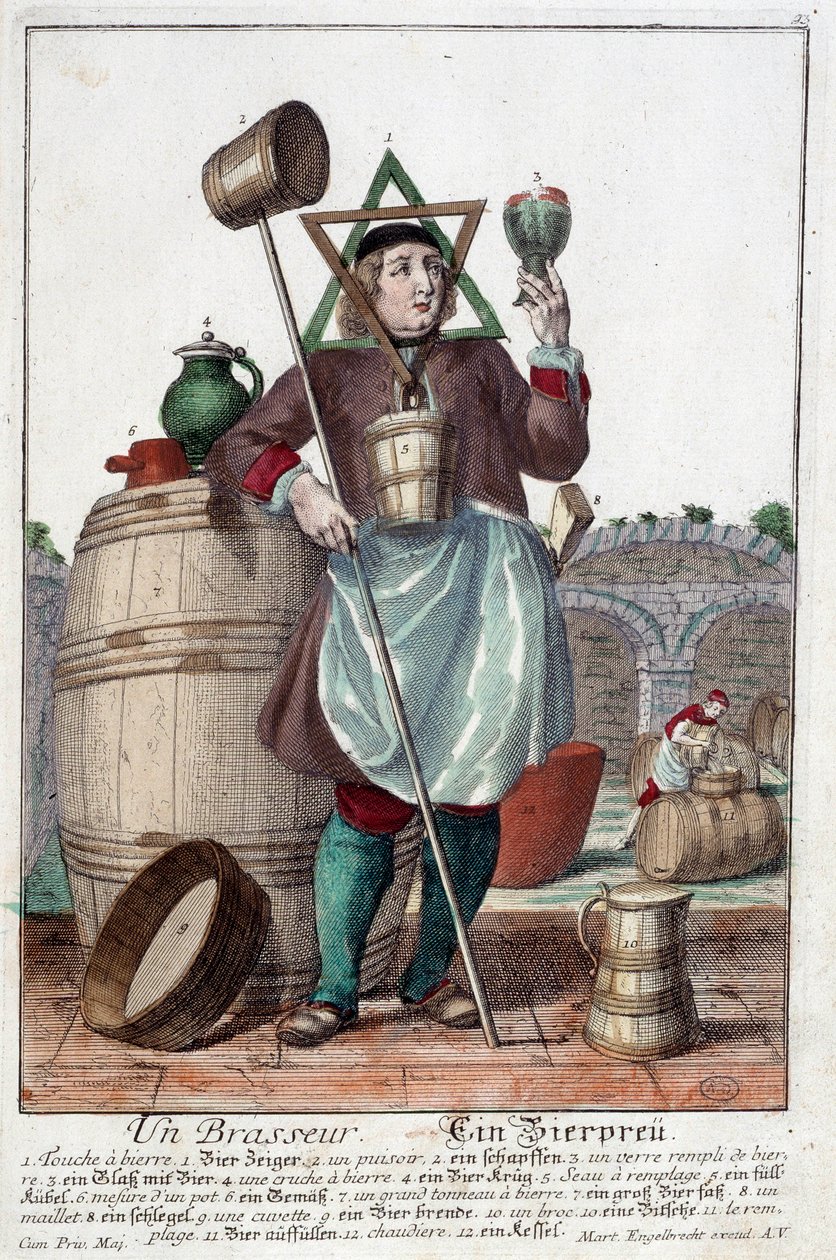 Znázornění sládka s fontánou, sklenicí, džbánem, vědrem, sudem, paličkou, mísou, brokem, kotlem. Rytina Martina Engelbrechta (1684-1756) od Martin Engelbrecht