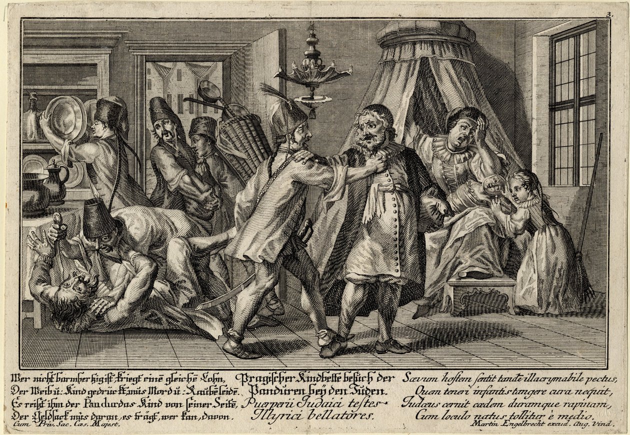 Pandurové na návštěvě u Židů - Englebrecht, Martin (1684-1756) - cca 1756 - Mědirytina - 21,3x30,9 - Soukromá sbírka od Martin Engelbrecht