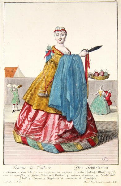 Krejčova žena, cca 1735 (barevná rytina) od Martin Engelbrecht