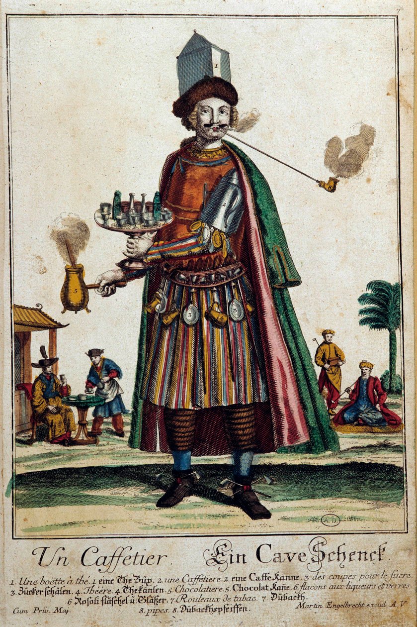 Kávovar: muž s kávovarem a službou. Rytina Martina Engelbrechta (1684-1756) Paříž 18. století, dekorativní umění od Martin Engelbrecht