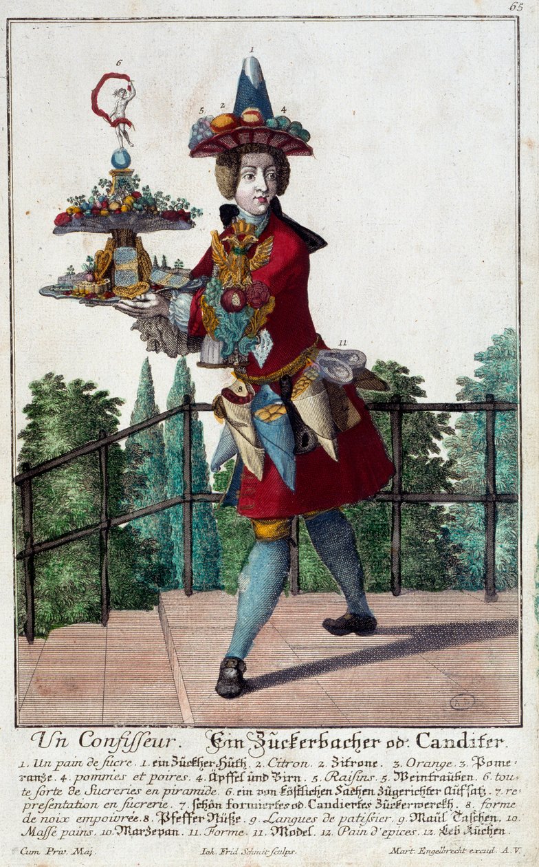 Cukrář: mladý muž držící tác s cukrovinkami a cukrovinkami. Rytina Martina Engelbrechta (1684-1756) 18. století. Paříž, dekorativní umění od Martin Engelbrecht