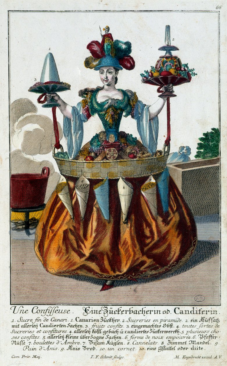 Cukrář: mladá žena drží tác s cukrovinkami a cukrovinkami. Rytina Martina Engelbrechta (1684-1756) 18. století. Paříž, dekorativní umění od Martin Engelbrecht