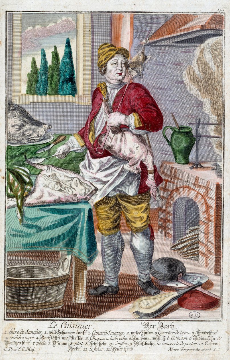 Kuchař. Rytina Martina Engelbrechta (1684-1756), v „“New Assembly of the manouvries habilles”” 18. století, Německo. Paříž, dekorativní umění od Martin Engelbrecht