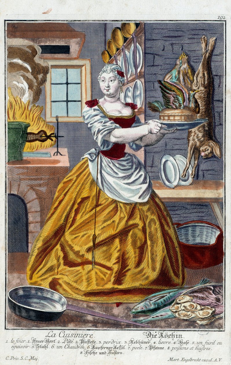 Kuchař. Rytina Martina Engelbrechta (1684-1756), v „“New Assembly of the manouvries habilles”” 18. století, Německo. Paříž, dekorativní umění od Martin Engelbrecht